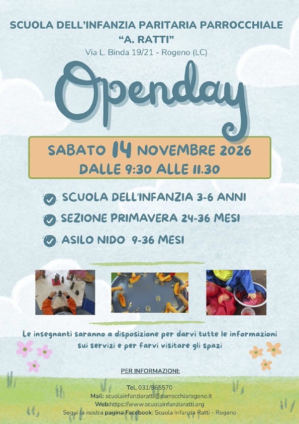 Volantino Open Day 2026 della Scuola dell'Infanzia A. Ratti – 14 novembre, dalle 9:30 alle 11:30